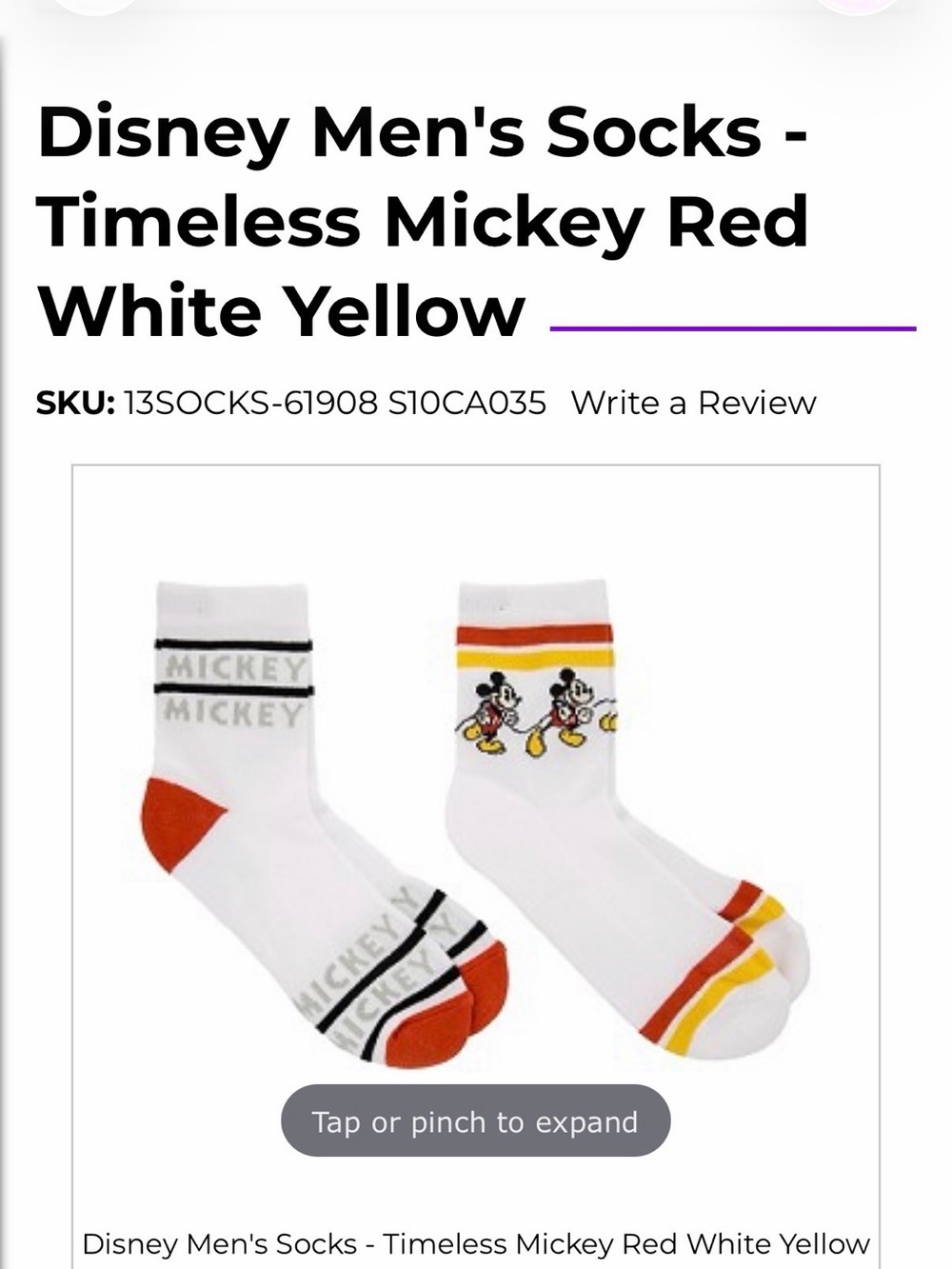 Disney Men's Socks - Timeless Mickey Red White Yellow（Men’s L/XL 2 pairs)